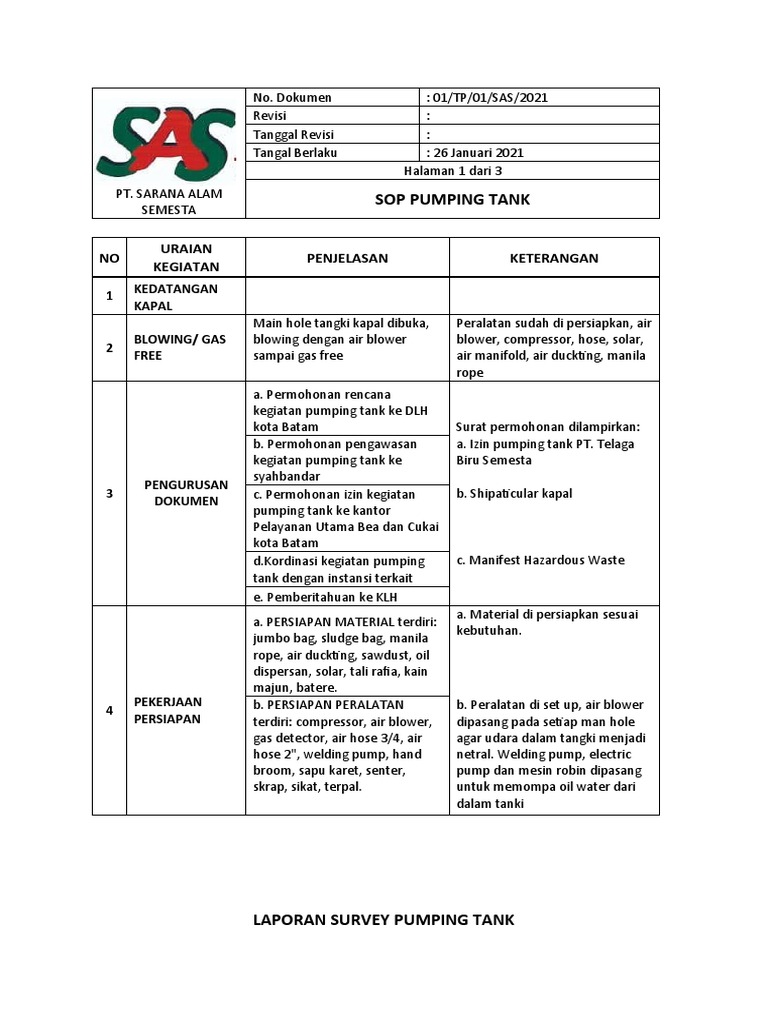 SOP Pumping Tank | PDF