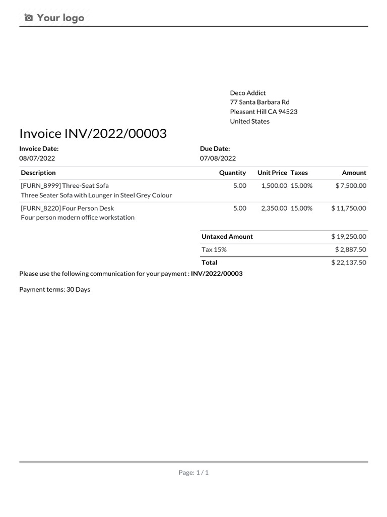 Invoice for Furniture Purchase INV/2022/00003 | PDF