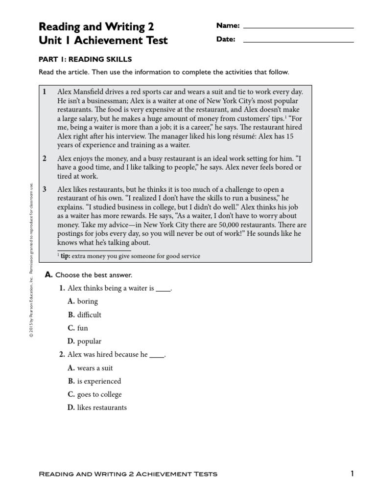 UNIT 1 - Achievement Test | PDF | Waiting Staff