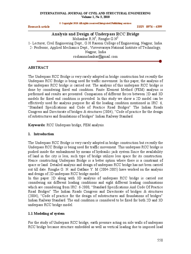 Analysis and Design of Underpass RCC Bri | PDF | Bridge | Reinforced ...