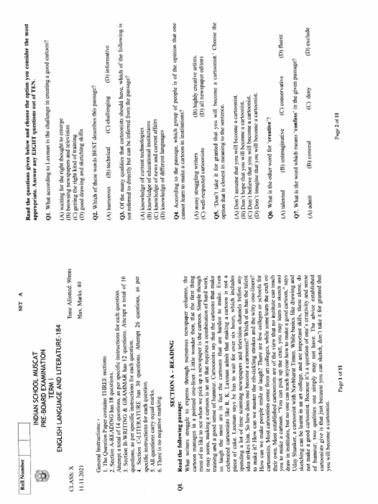 Class X English Term1 Pre Board ExaminationSet A B C PDF