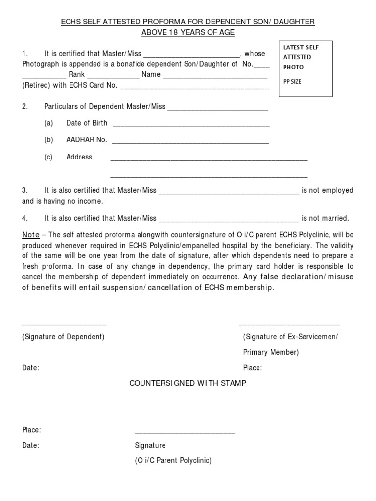 Echs Self Attested Proforma For Dependent | PDF