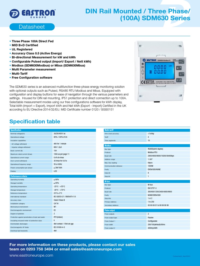 Eastron SDM630 Modbus Energy Meter | PDF | Electromagnetism | Metrology