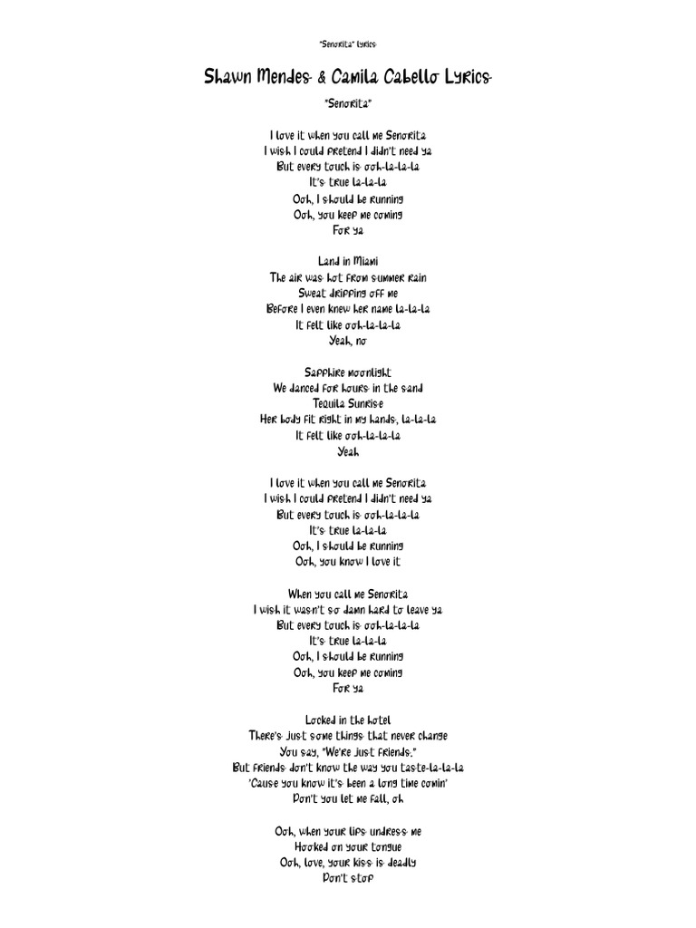 Shawn Mendes & Camila Cabello Señorita Lyrics PDF Song Recordings