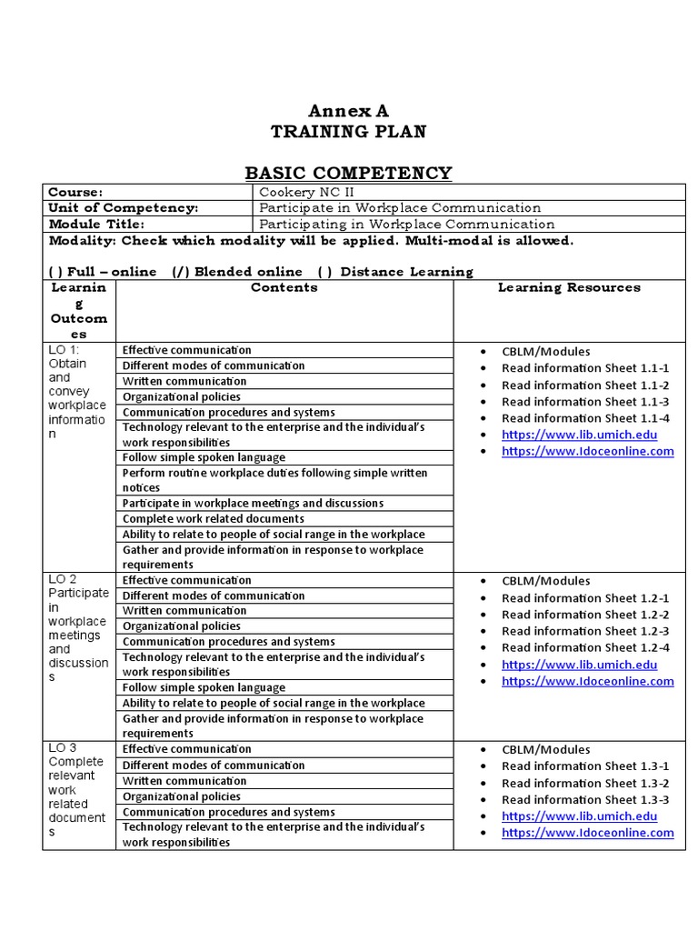 Cookery NC II Training Plan Overview | PDF | Occupational Safety And ...