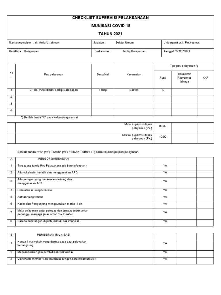 Checklist Supervisi Imunisasi COVID-19 2021 | PDF