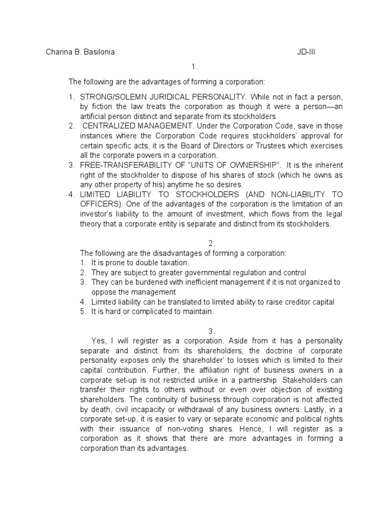 The Advantages And Disadvantages Of Forming A Corporation Compared To A