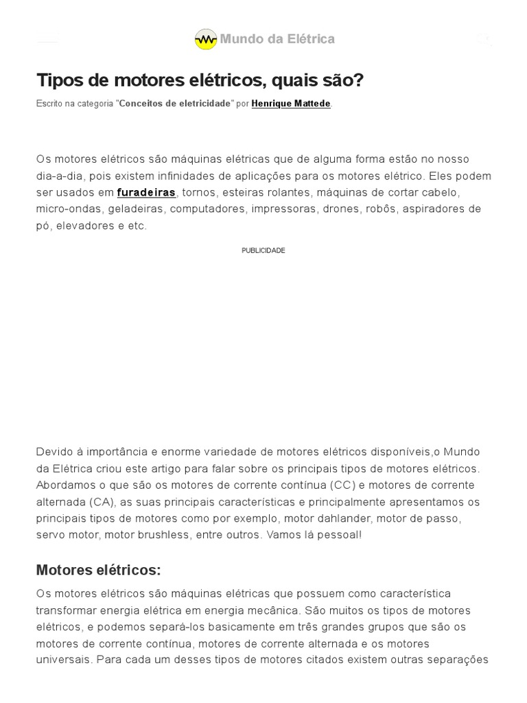 Tipos de Motores Elétricos Explicados | PDF | Motor elétrico | Corrente ...