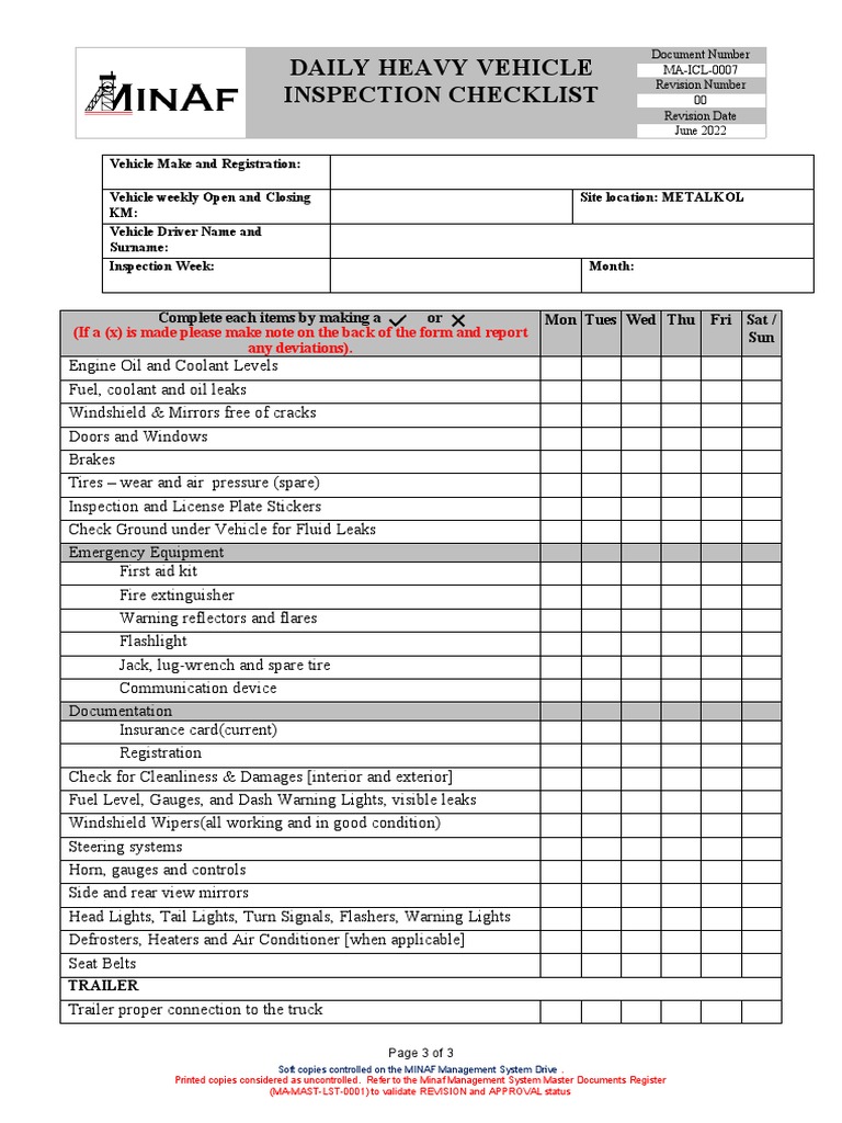 MAICL0007 Daily Heavy Vehicle Inspection Checklist PDF Vehicles