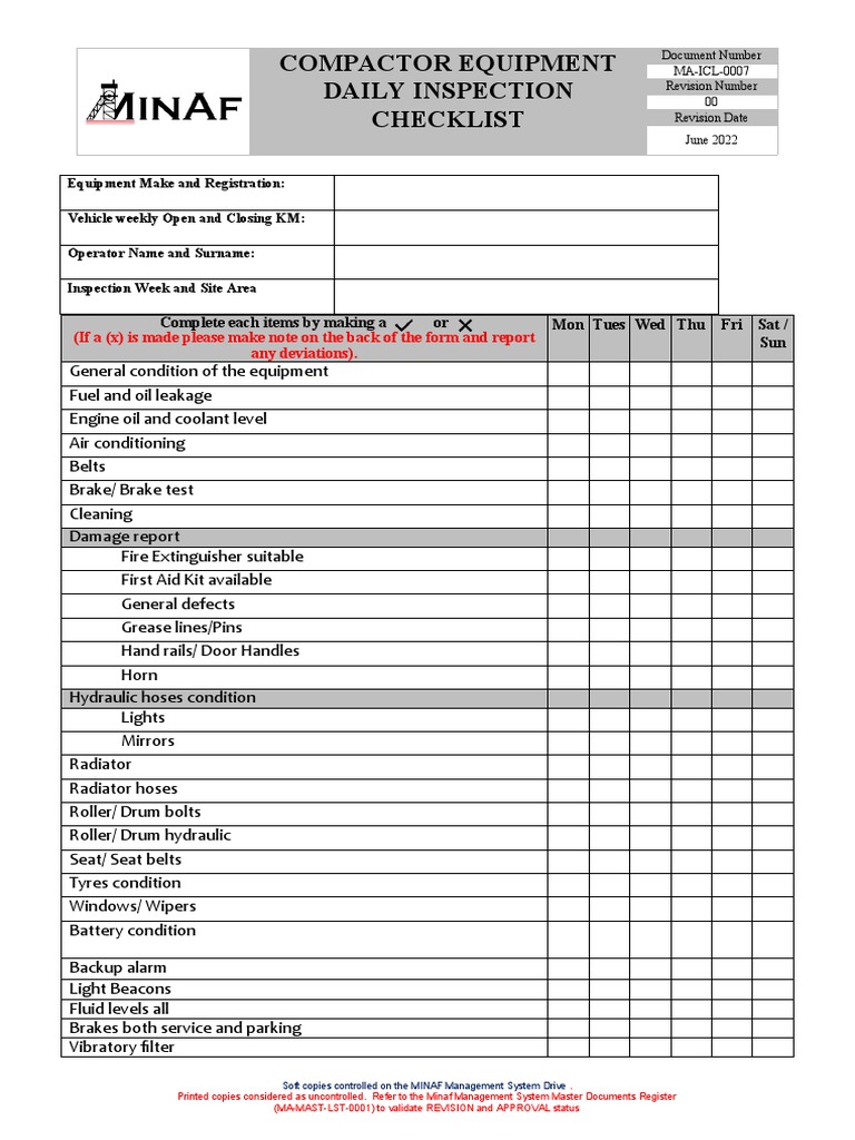 Daily Compactor Equipment Inspection Checklist PDF Vehicles