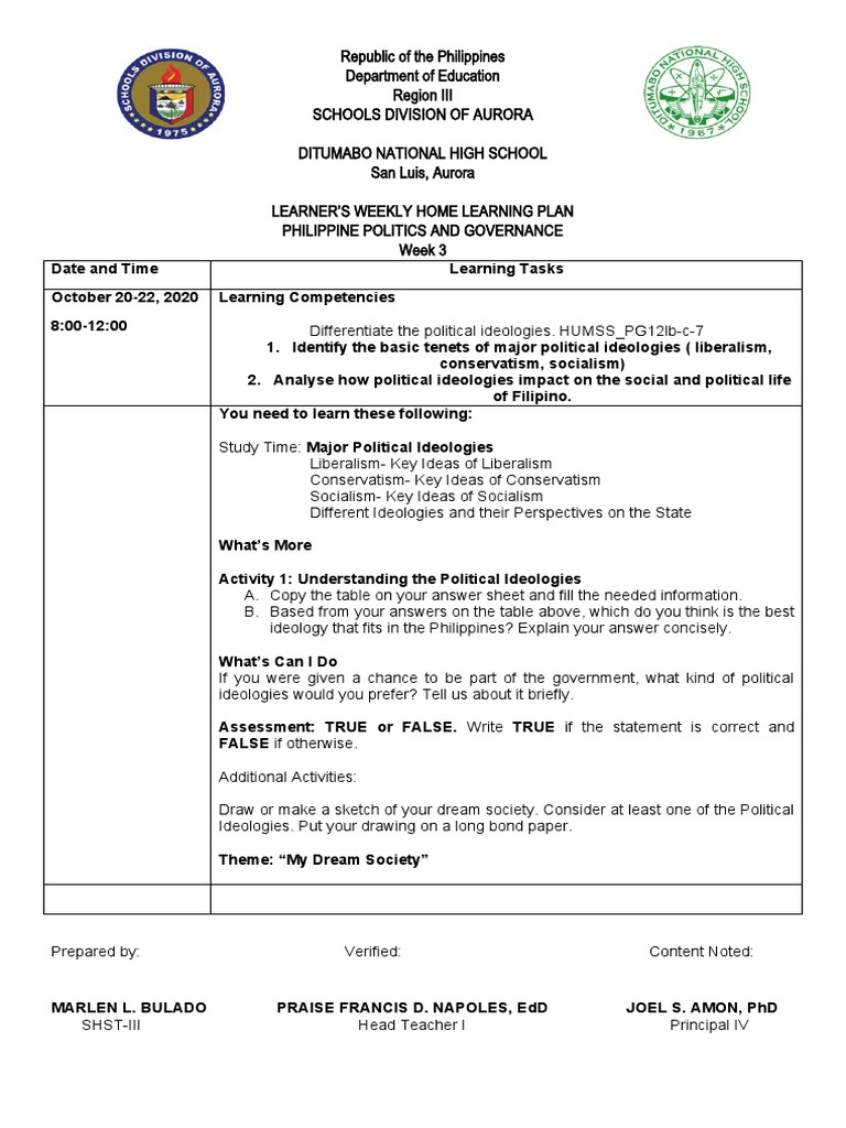 Weekly Home Learning Plan Q1, Week 3 | PDF | Ideologies | Learning