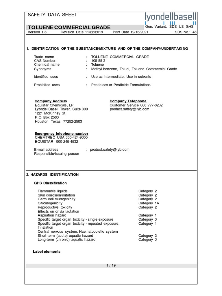 Toluene Commercial Grade Safety Data Sheet PDF Benzene Toxicity