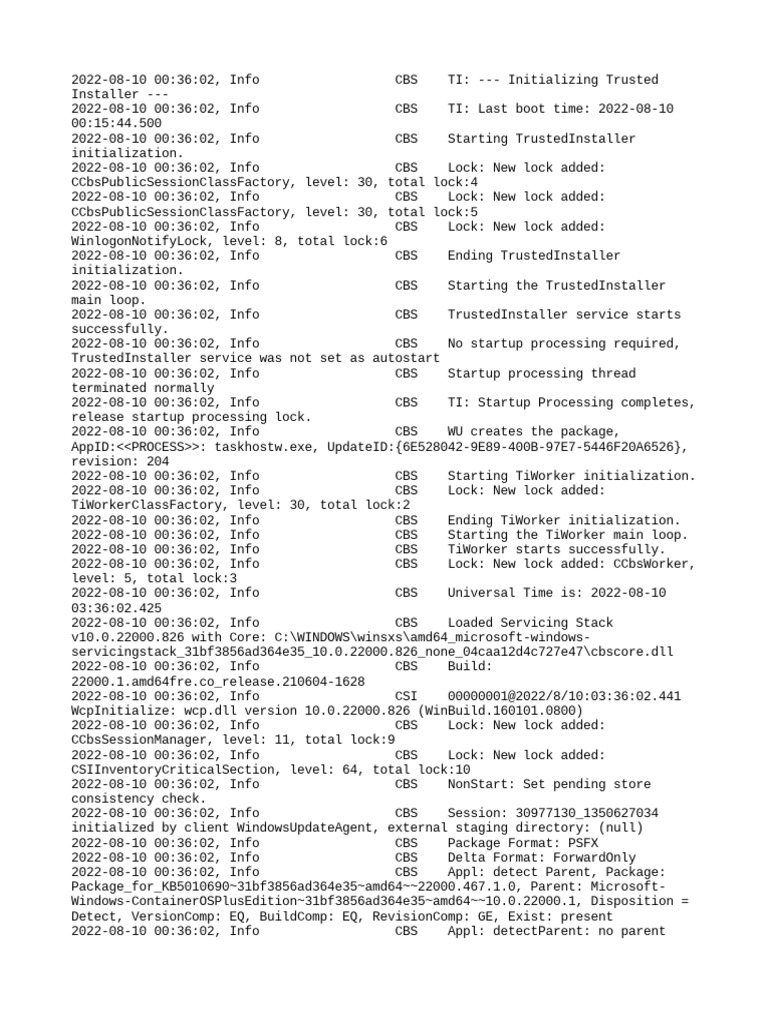 Log of trusted installer and windows update initialization and package