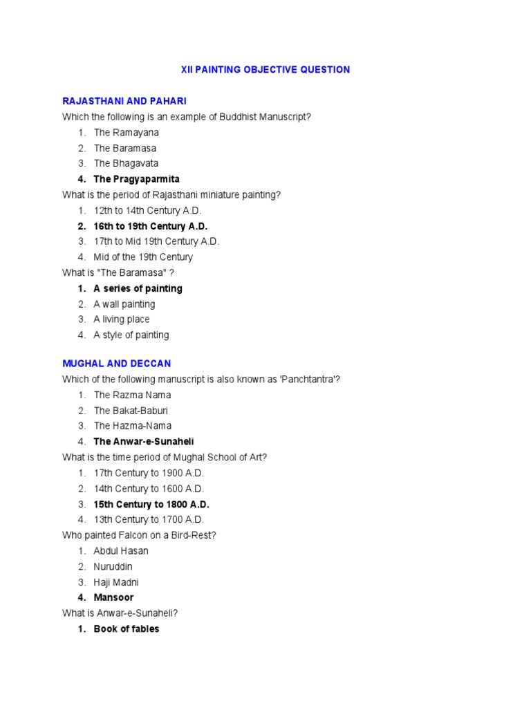XII PAINTING OBJECTIVE QUESTION PDF Mughal Empire