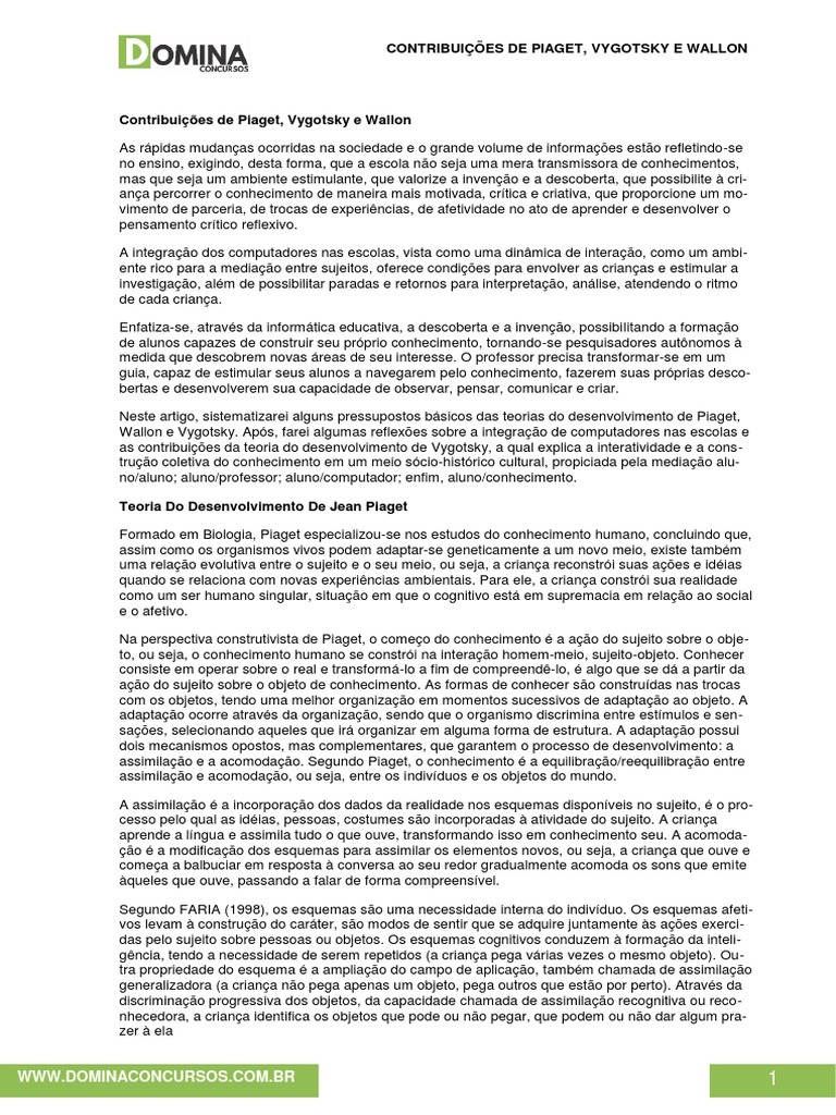 03 Contribuições de Piaget, Vygotsky e Wallon | PDF | Aprendizado ...