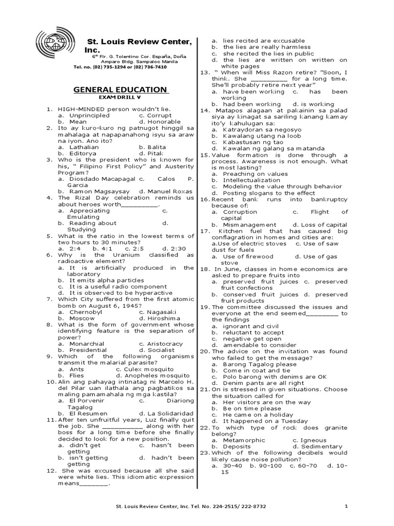 General Education Exam Drill V | PDF | Chemical Substances | Earth