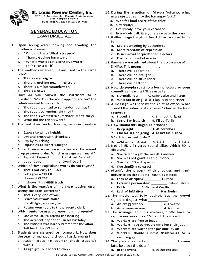 General Education Exam Drill VII | PDF | Tuberculosis | Pig