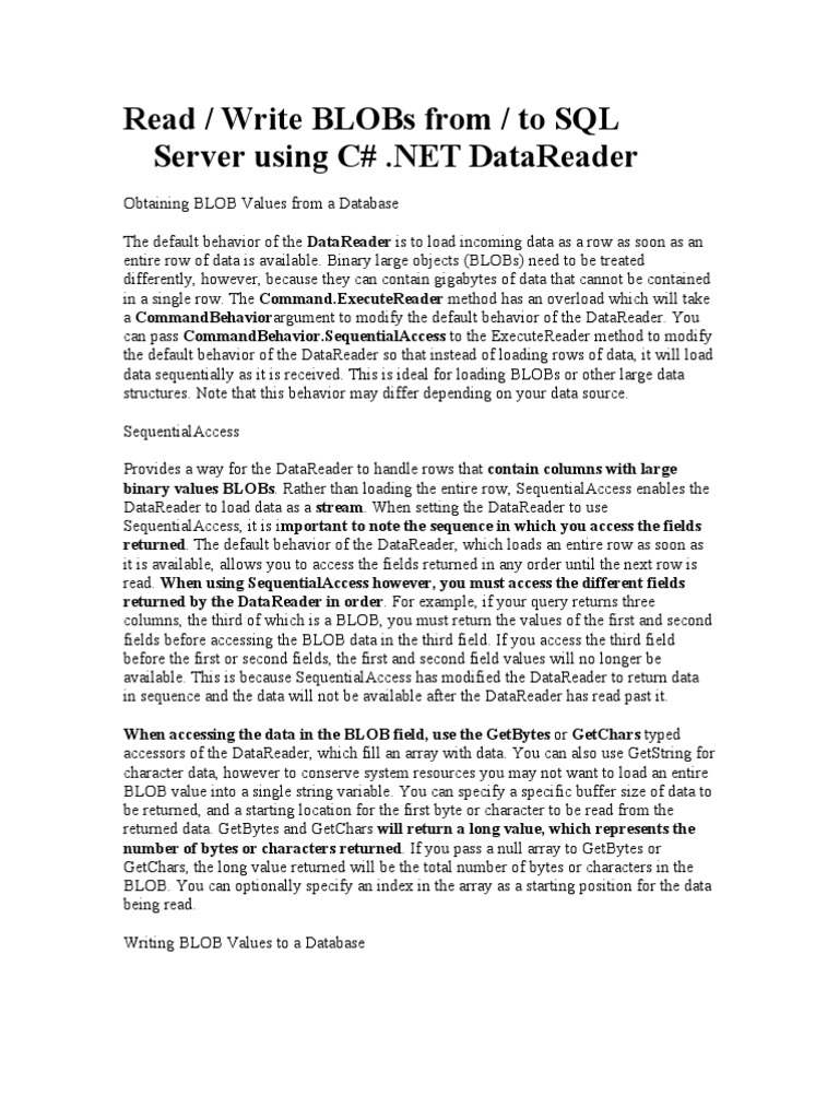 Read Write BLOBs From To SQL Server Using C# .NET Data Reader | PDF ...