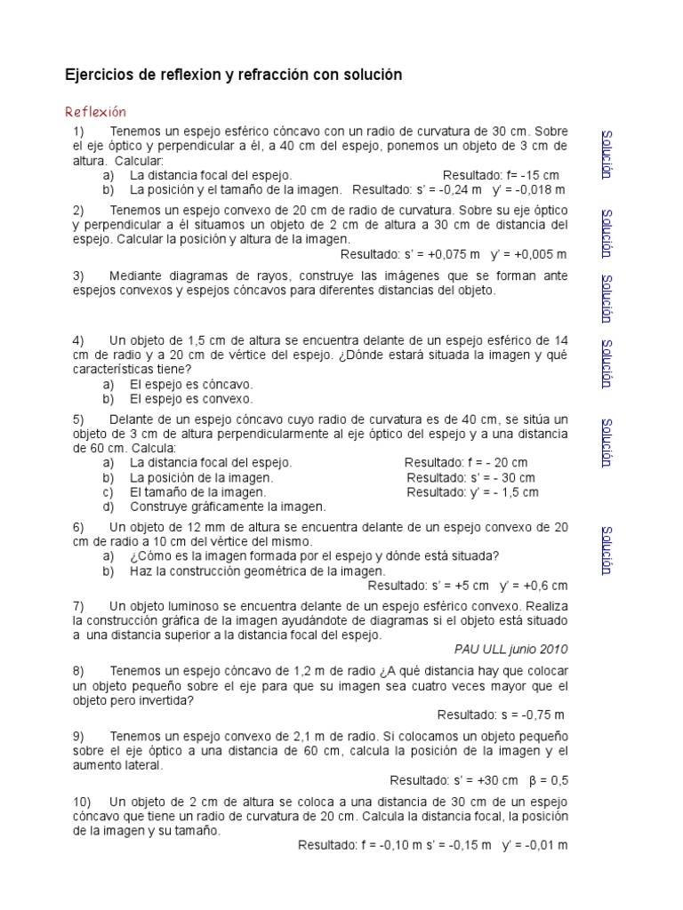 Ejercicios de Reflexión y Refracción Óptica | PDF | Espejo | Lente (óptica)