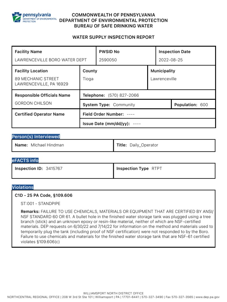 DEP Inspection Report | PDF | Manganese