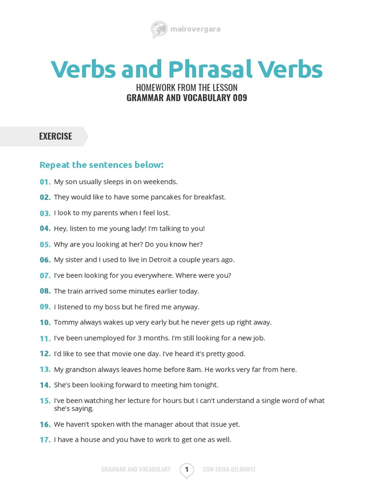 Grammar and Vocab 009 - Verbs and Phrasal Verbs - Homework PDF | PDF ...