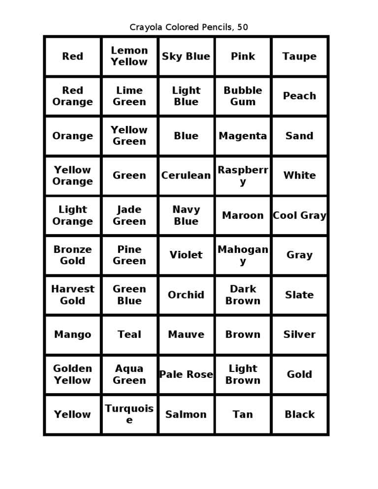Crayola Colored Pencil Chart PDF Yellow Green