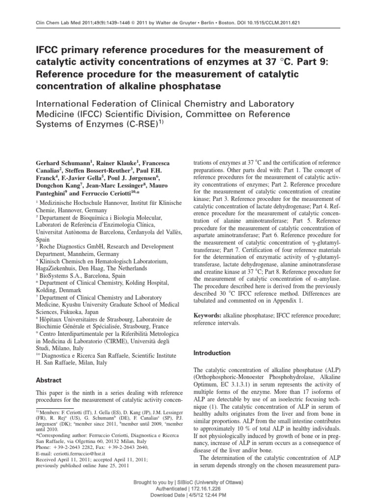 IFCC Reference Procedure for ALP Measurement | PDF | Ph | Chemistry