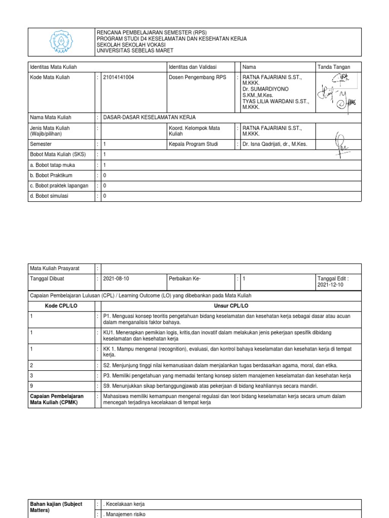 RPS Keselamatan Kerja D4 Vokasi | PDF