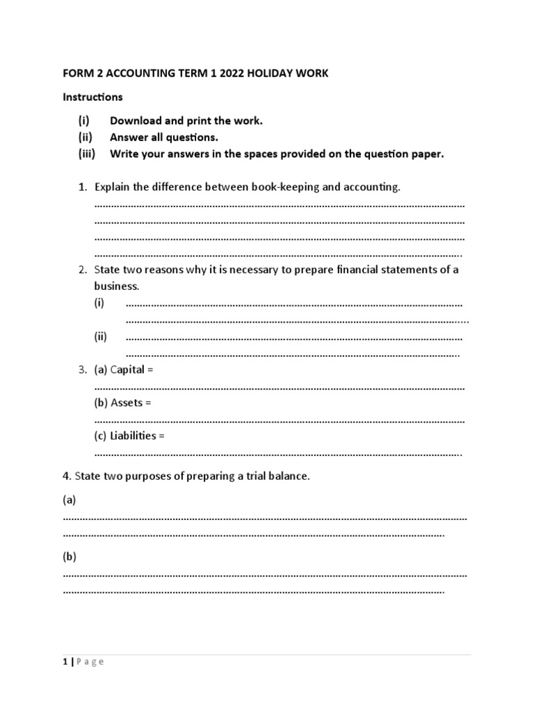 Form 2 Accounting Holiday Work | PDF | Debits And Credits | Business