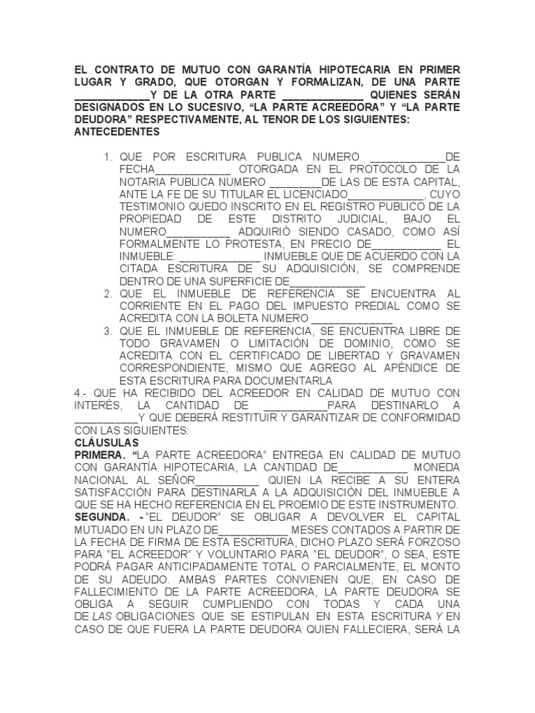 Contrato de Mutuo Con Garantía Hipotecaria | PDF | Pagos | Ley de hipotecas