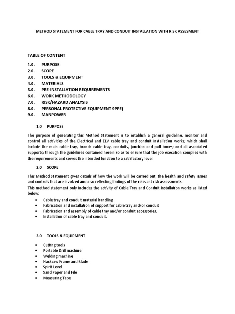 Method Statement For For Cable Tray and Conduit Installation With Risk
