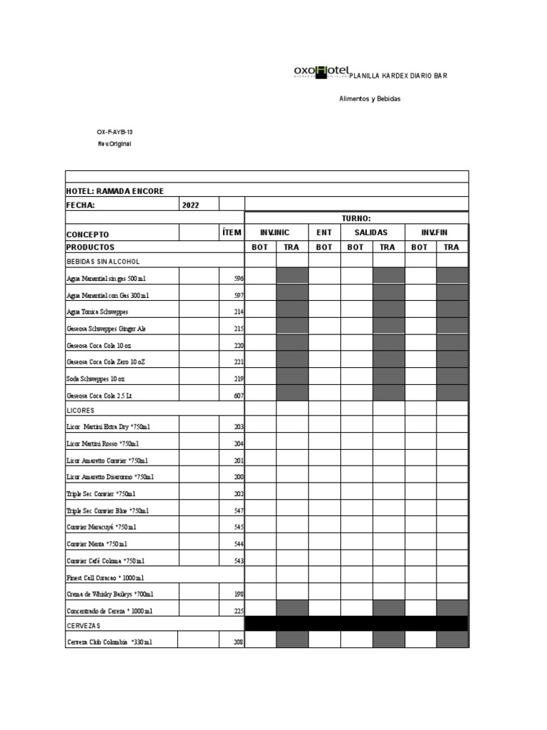 Kardex Diario de Inventario de Bar | PDF | Comida y bebida | Alcohol