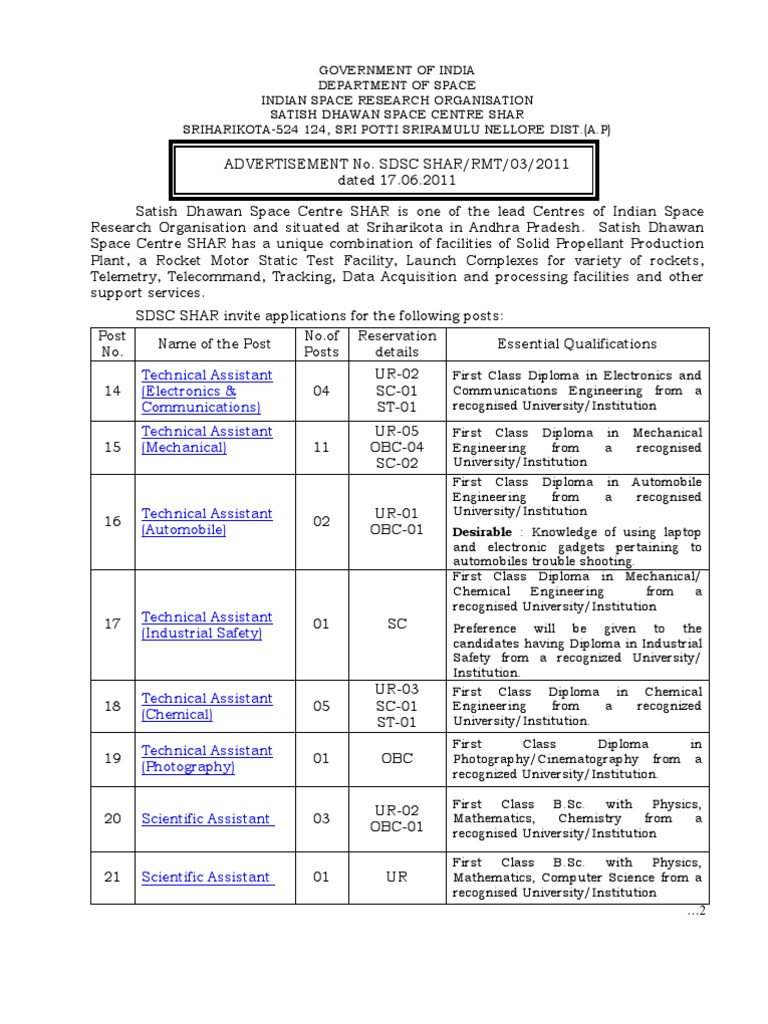 ISRO Technical Assistant Job Openings | PDF