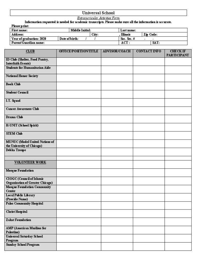 Universal School Activities Form | PDF | Leisure | Entertainment