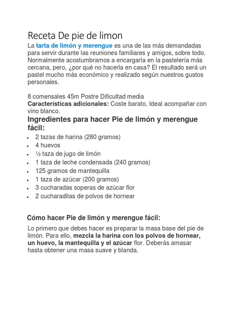 Receta de Pie de Limon PDF Merengue Postres