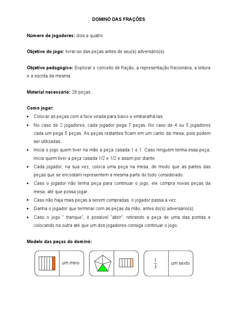 Modelo das peças do dominó: Número de jogadores: dois a quatro. Objetivo do  jogo: livrar-se das peças a…