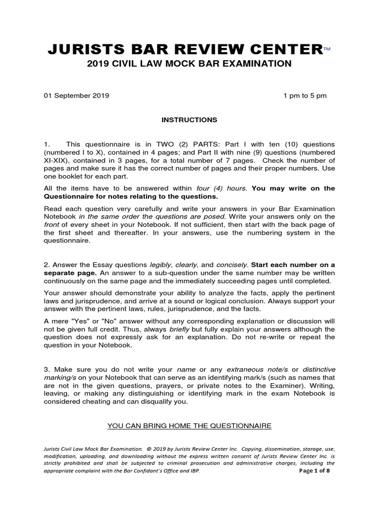 2019 Jurists Civil Law Mock Bar Examination PDF Intestacy