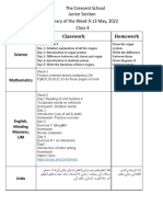 Subjects Classwork Homework: The Crescent School Junior Section Summary of The Week 9-13 May, 2022 Class 4