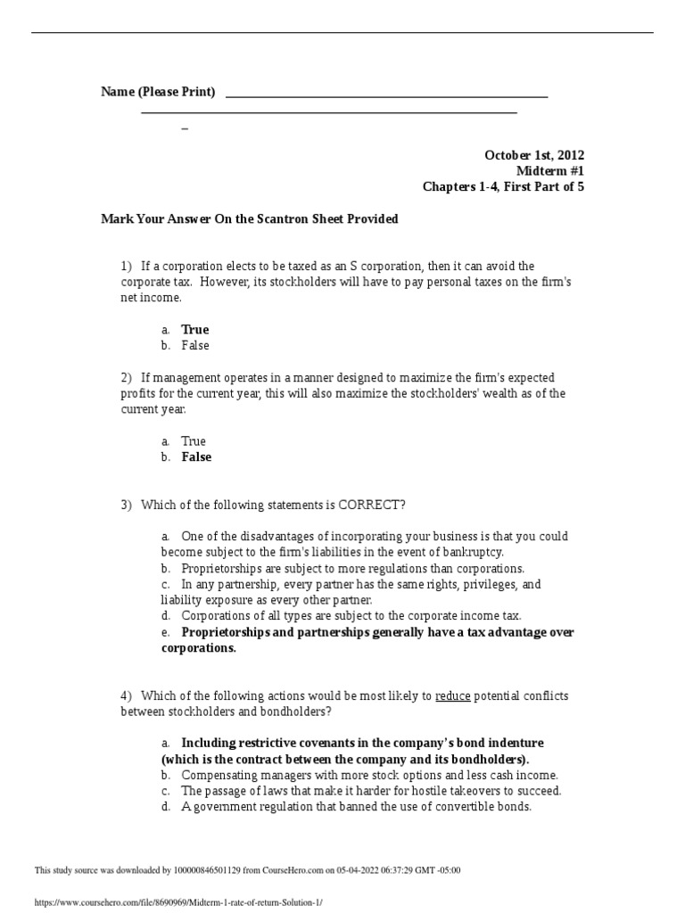 Financial Management Exam 1 PDF Balance Sheet Stocks