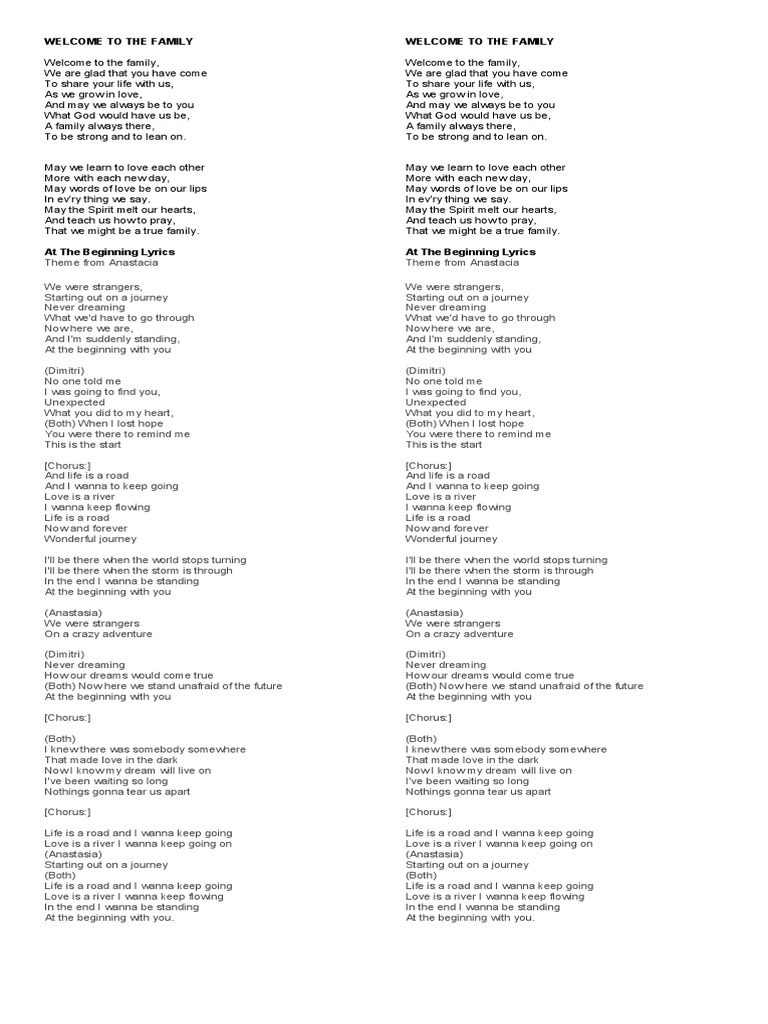 Lyrics Welcome To The Family and at The Beginning PDF Lyrics Welcome To The Family and at The Beginning PDF
