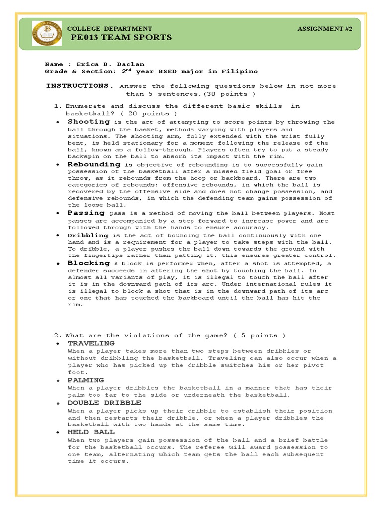 Pe 3.2 Skills in Basketball | PDF | Sports | Ball Games