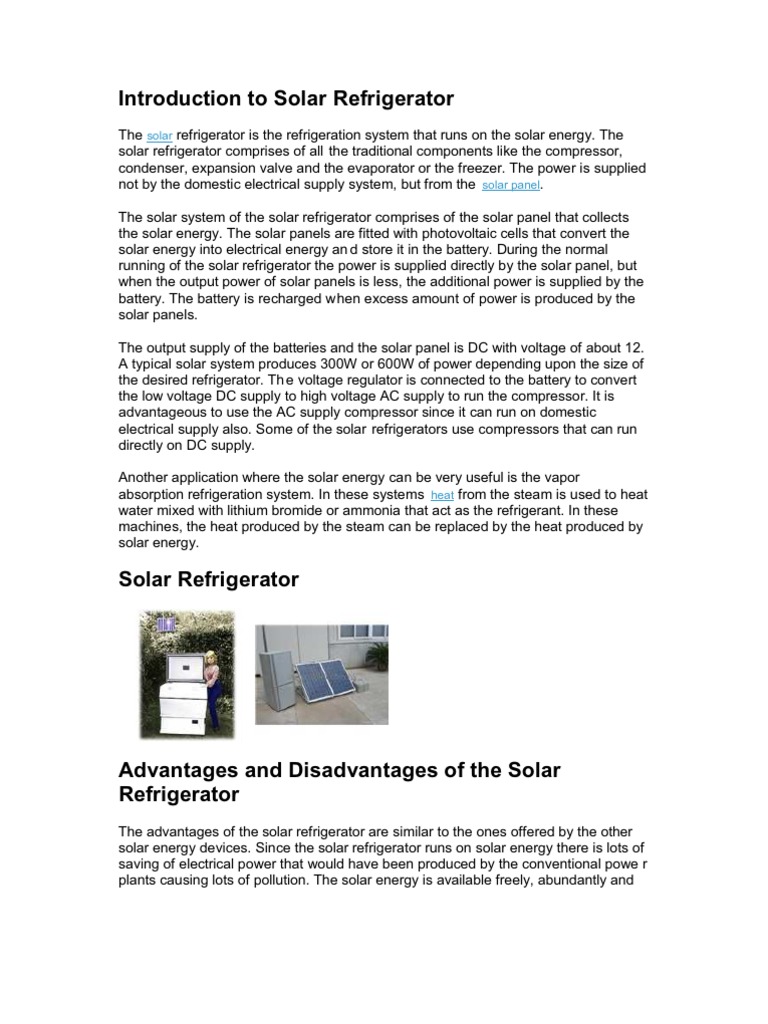 Introduction To Solar Refrigerator Pdf Refrigerator Solar Energy