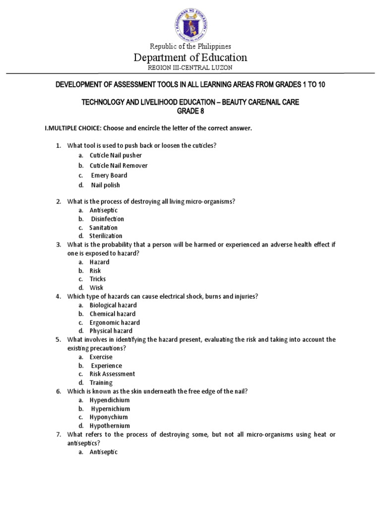 Diagnostic Testbeauty Care Nail Care Grade 8 PDF Nail (Anatomy