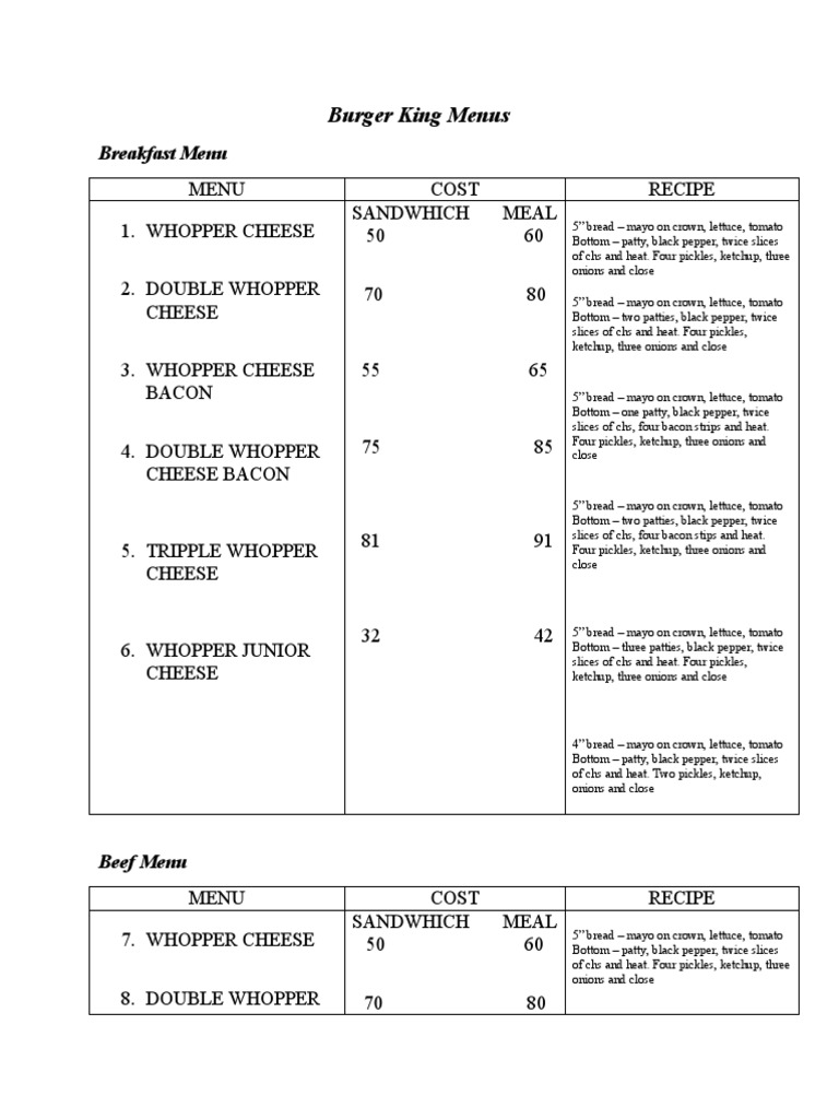Burger King Menu PDF Hamburgers Food And Drink Preparation