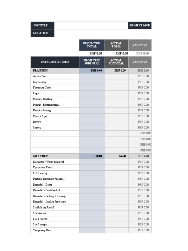 Project Cost Template PDF Cabinetry Framing (Construction)