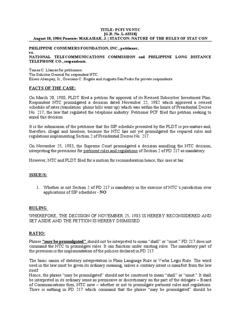 Pcfi VS NTC GR L No 63318 2ND Part Case Digest PDF Statutory