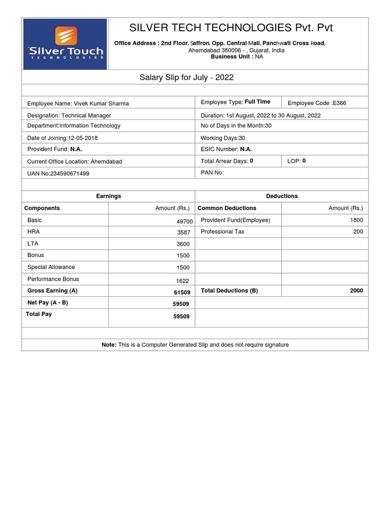 Salary Slip for Technical Manager | PDF | Government Finances | Government