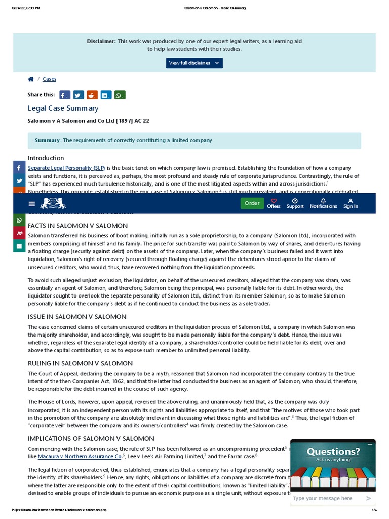Salomon V Salomon Case Summary PDF Piercing The Corporate Veil Legal Liability