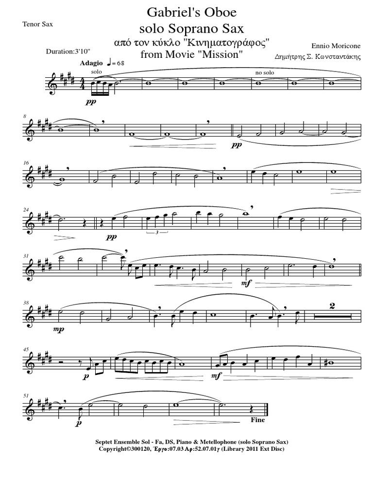 Gabriel's Oboe Solo Sopano Sax Tenor Sax PDF