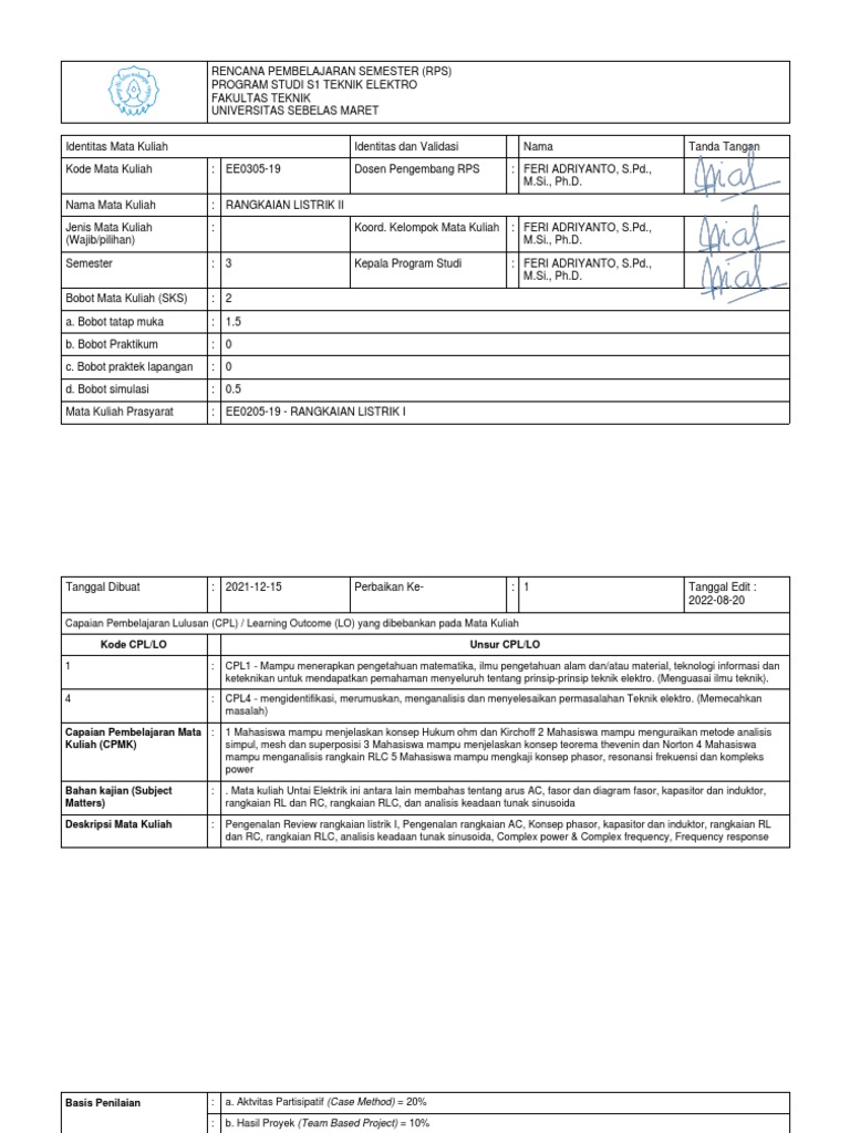 Contoh RPS Mata Kuliah Rangkaian Listrik II | PDF | Teknologi & Rekayasa